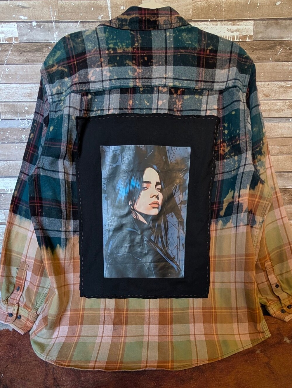 Billie Eilish Graphic Upcycled Dip Dyed Bleached Flannel Shirt